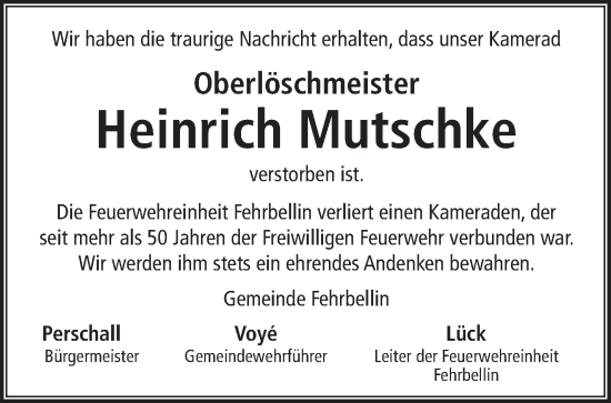 Traueranzeige von Heinrich Mutschke von Märkische Oderzeitung