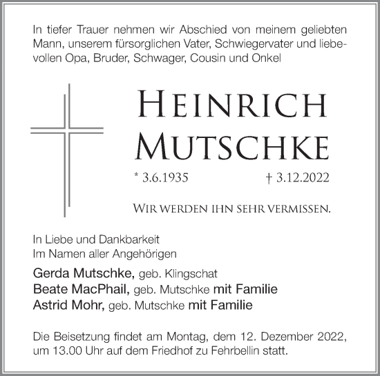 Traueranzeige von Heinrich Mutschke von Märkische Oderzeitung