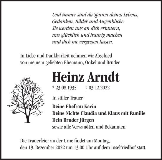 Traueranzeige von Heinz Arndt von Märkische Oderzeitung