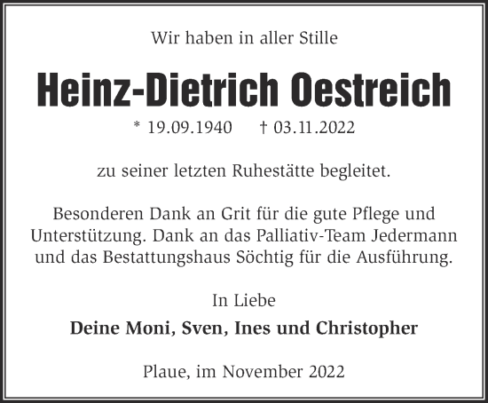 Traueranzeige von Heinz-Dietrich Oestreich von Märkische Oderzeitung