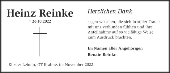 Traueranzeige von Heinz Reinke von Märkische Oderzeitung