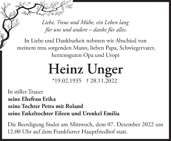 Anzeige Heinz Unger