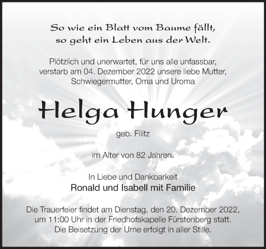 Anzeige Helga Hunger