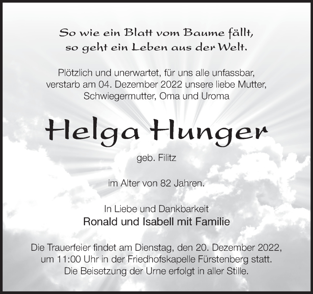  Traueranzeige für Helga Hunger vom 08.12.2022 aus Märkische Oderzeitung