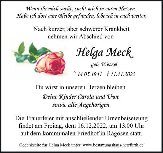 Traueranzeige von Helga Meck von Märkische Oderzeitung