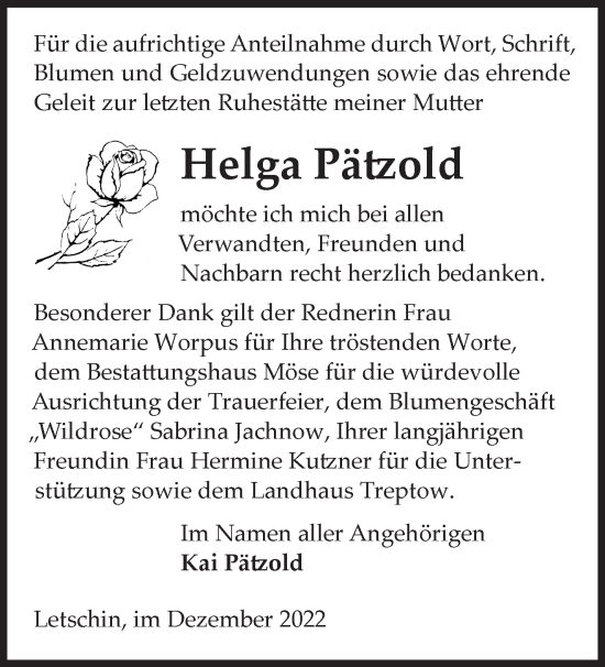 Traueranzeige von Helga Pätzold von Märkische Oderzeitung