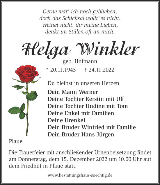 Traueranzeige von Helga Winkler von Märkische Oderzeitung