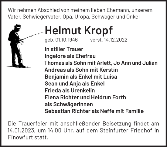 Traueranzeige von Helmut Kropf von Märkische Oderzeitung