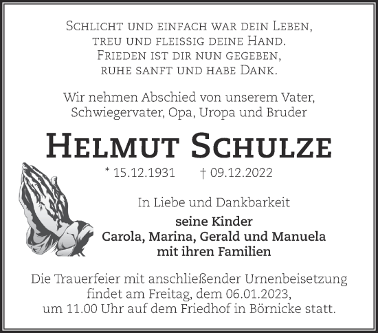 Traueranzeige von Helmut Schulze von Märkische Oderzeitung