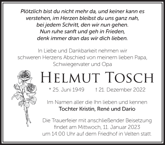 Traueranzeige von Helmut Tosch von Märkische Oderzeitung