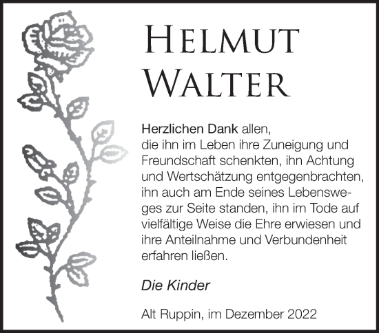 Traueranzeige von Helmut Walter von Märkische Oderzeitung