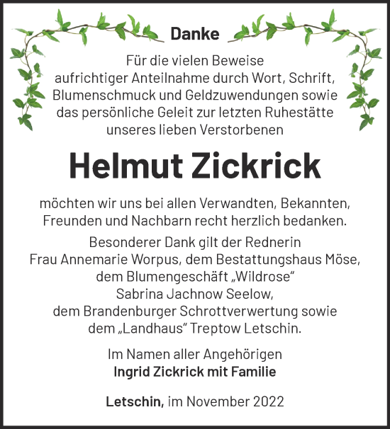 Traueranzeige von Helmut Zickrick von Märkische Oderzeitung