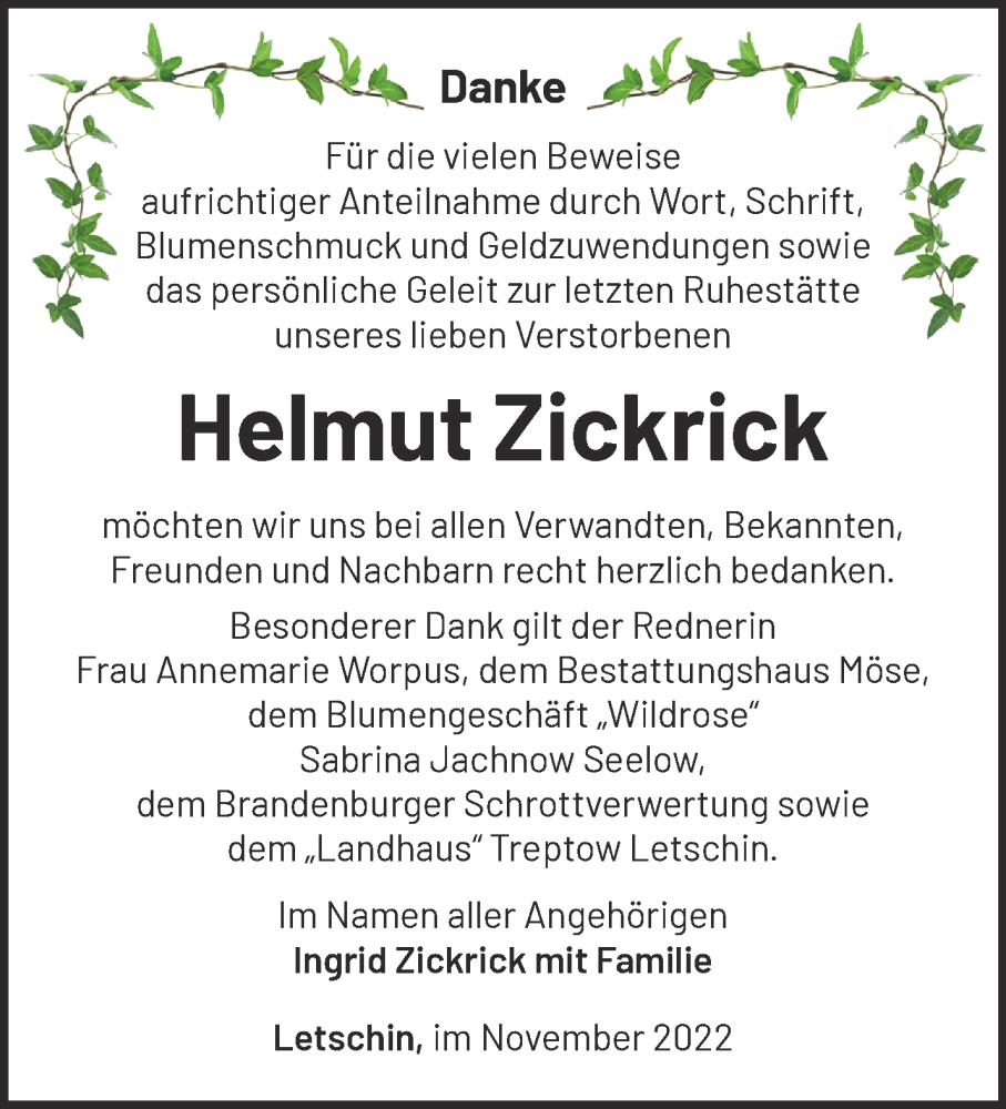  Traueranzeige für Helmut Zickrick vom 03.12.2022 aus Märkische Oderzeitung