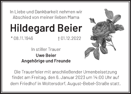 Traueranzeige von Hildegard Beier von Märkische Oderzeitung