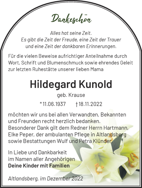 Traueranzeige von Hildegard Kunold von Märkische Oderzeitung