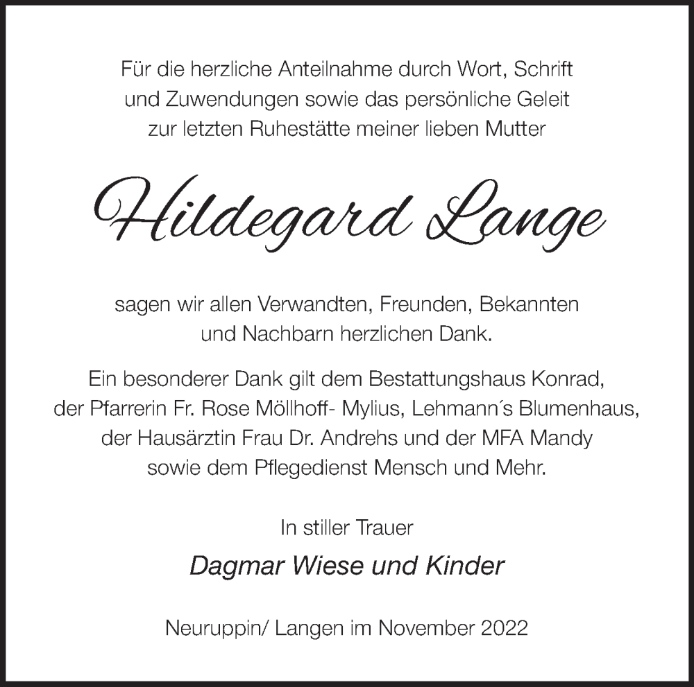  Traueranzeige für Hildegard Lange vom 03.12.2022 aus Märkische Oderzeitung