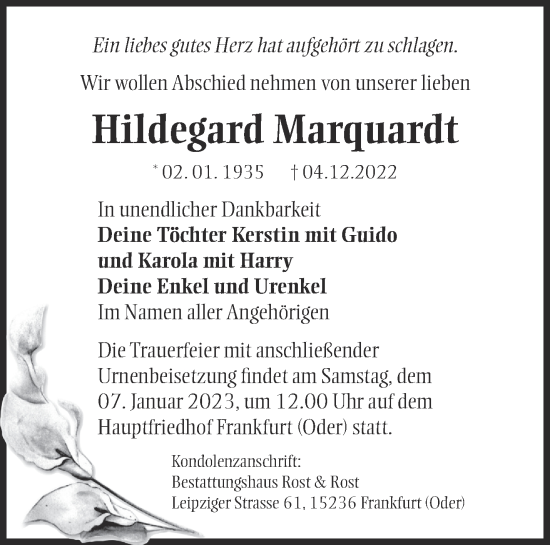 Traueranzeige von Hildegard Marquardt von Märkische Oderzeitung