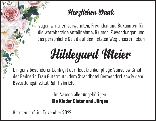 Traueranzeige von Hildegard Meier von Märkische Oderzeitung