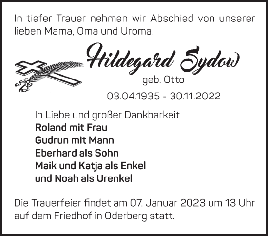 Traueranzeige von Hildegard Sydow von Märkische Oderzeitung