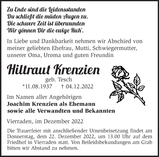 Traueranzeige von Hiltraut Krenzien von Märkische Oderzeitung