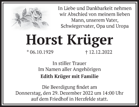 Traueranzeige von Horst Krüger von Märkische Oderzeitung