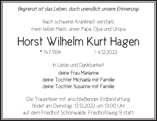 Traueranzeige von Horst Wilhelm Kurt Hagen von Märkische Oderzeitung