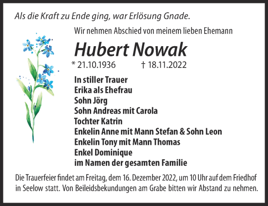 Traueranzeige von Hubert Nowak von Märkische Oderzeitung