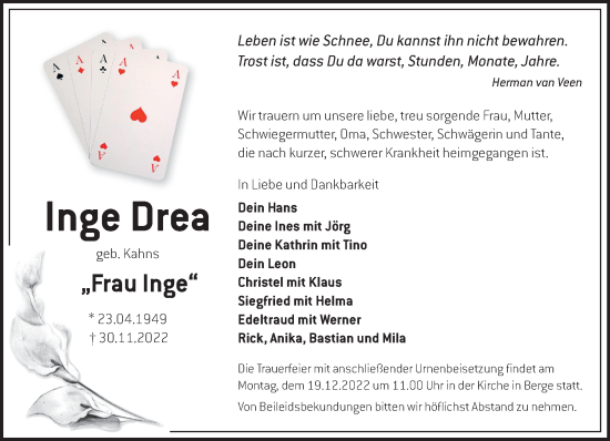 Traueranzeige von Inge Drea von Märkische Oderzeitung