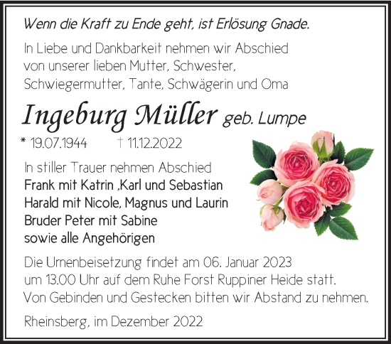 Traueranzeige von Ingeburg Müller von Märkische Oderzeitung