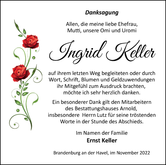 Traueranzeige von Ingrid Keller von Märkische Oderzeitung