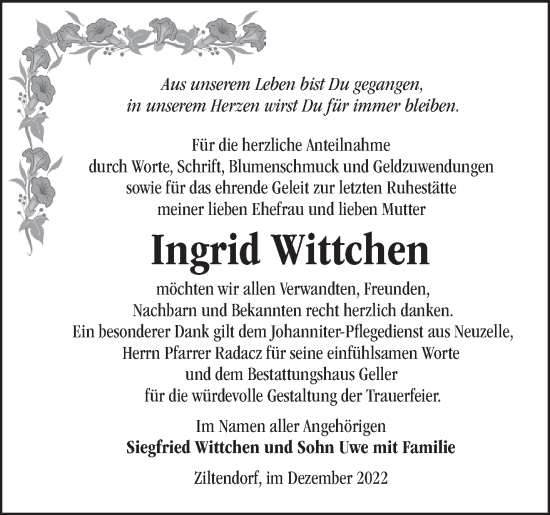 Traueranzeige von Ingrid Wittchen von Märkische Oderzeitung