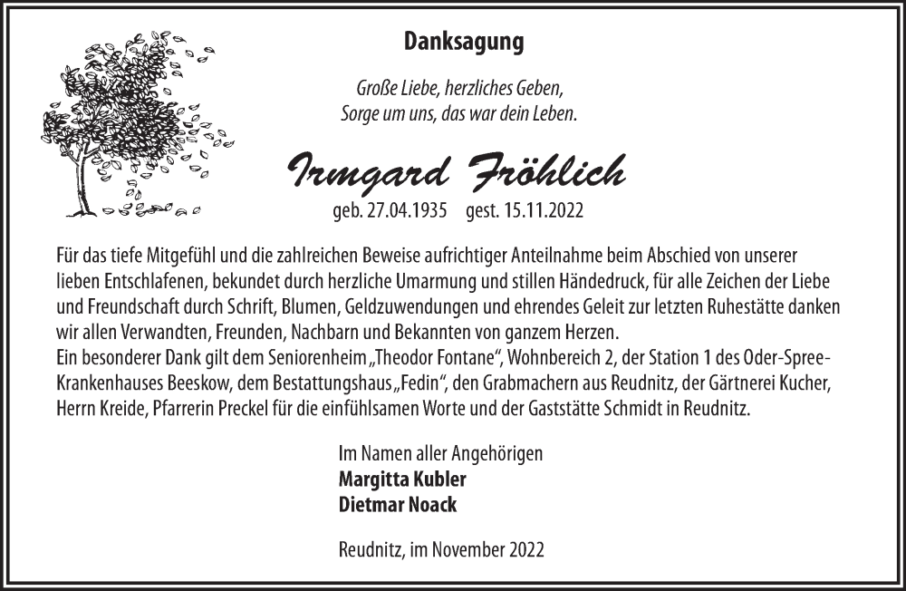  Traueranzeige für Irmgard Fröhlich vom 03.12.2022 aus Märkische Oderzeitung