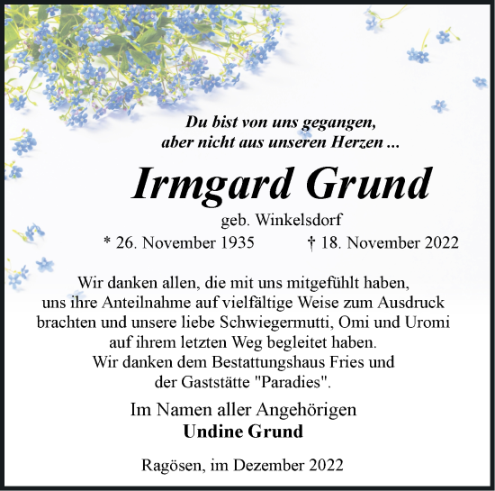 Traueranzeige von Irmgard Grund von Märkische Oderzeitung