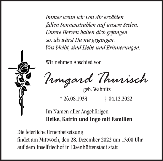 Traueranzeige von Irmgard Thurisch von Märkische Oderzeitung