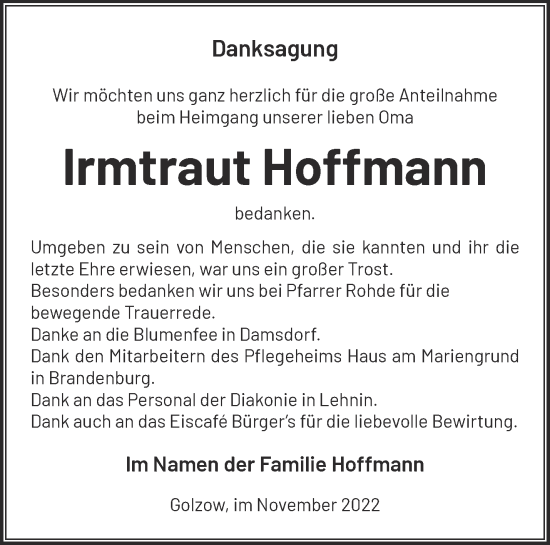 Traueranzeige von Irmtraut Hoffmann von Märkische Oderzeitung