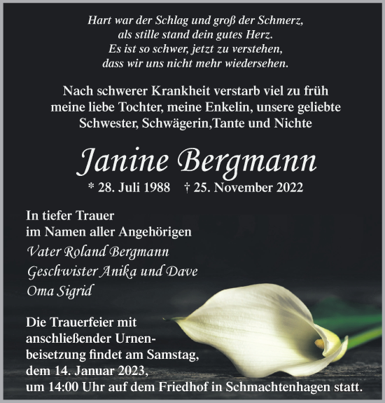 Traueranzeige von Janine Bergmann von Märkische Oderzeitung