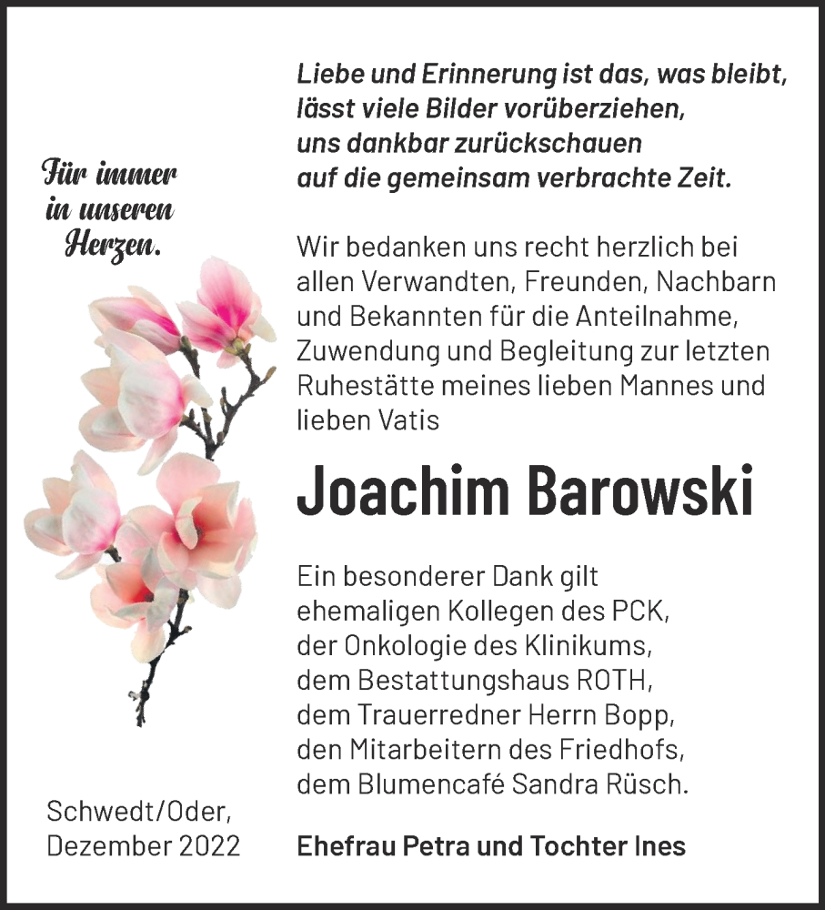  Traueranzeige für Joachim Barowski vom 24.12.2022 aus Märkische Oderzeitung