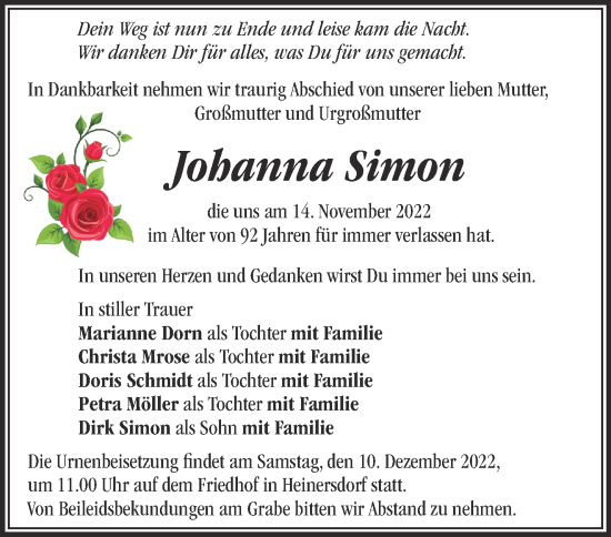 Traueranzeige von Johanna Simon von Märkische Oderzeitung