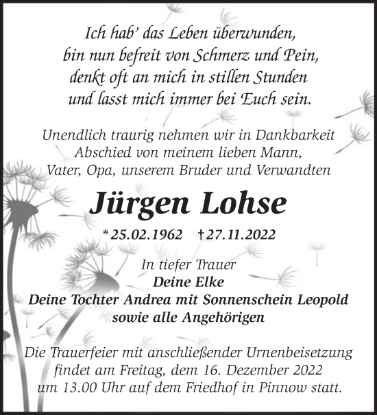 Traueranzeige von Jürgen Lohse von Märkische Oderzeitung