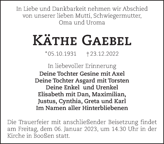 Traueranzeige von Käthe Gaebel von Märkische Oderzeitung