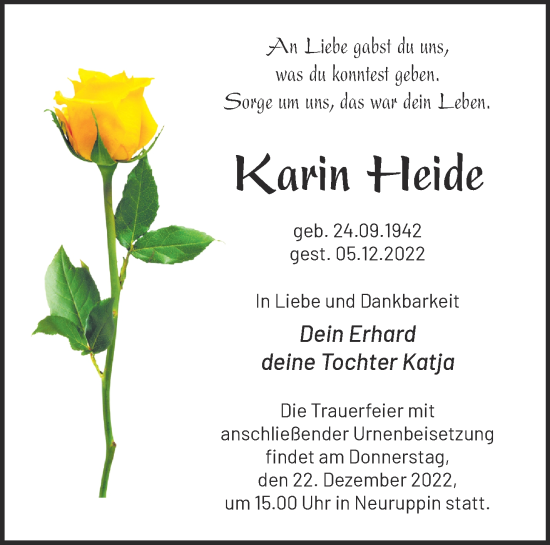 Traueranzeige von Karin Heide von Märkische Oderzeitung