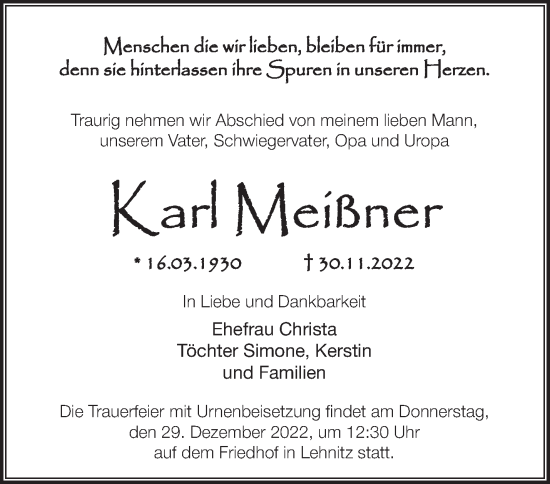 Traueranzeige von Karl Meißner von Märkische Oderzeitung