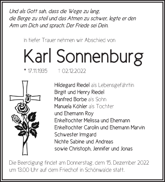 Traueranzeige von Karl Sonnenburg von Märkische Oderzeitung