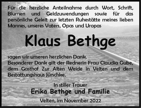 Traueranzeige von Klaus Bethge von Märkische Oderzeitung