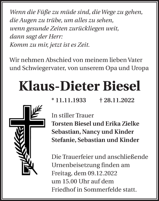 Traueranzeige von Klaus-Dieter Biesel von Märkische Oderzeitung