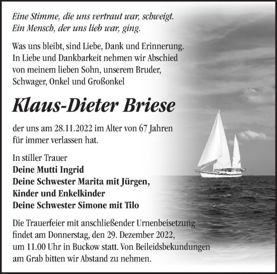 Traueranzeige von Klaus-Dieter Briese von Märkische Oderzeitung