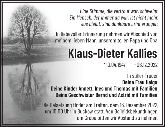 Traueranzeige von Klaus-Dieter Kallies von Märkische Oderzeitung