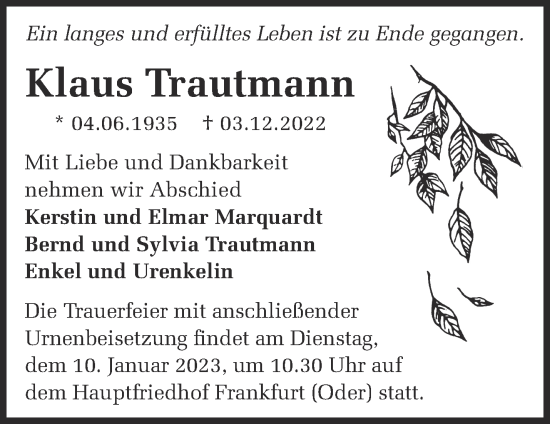 Traueranzeige von Klaus Trautmann von Märkische Oderzeitung