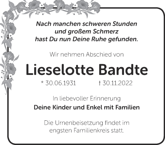 Traueranzeige von Lieselotte Bandte von Märkische Oderzeitung