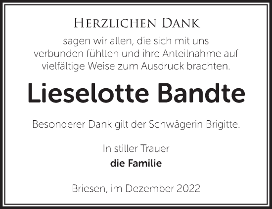 Traueranzeige von Lieselotte Bandte von Märkische Oderzeitung